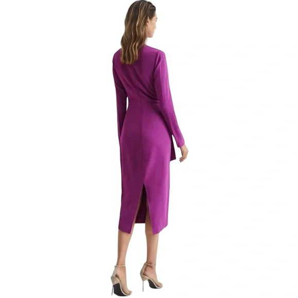 Reiss Valentina Tie Waist Bodycon Midi Dress Sz 4 Magenta